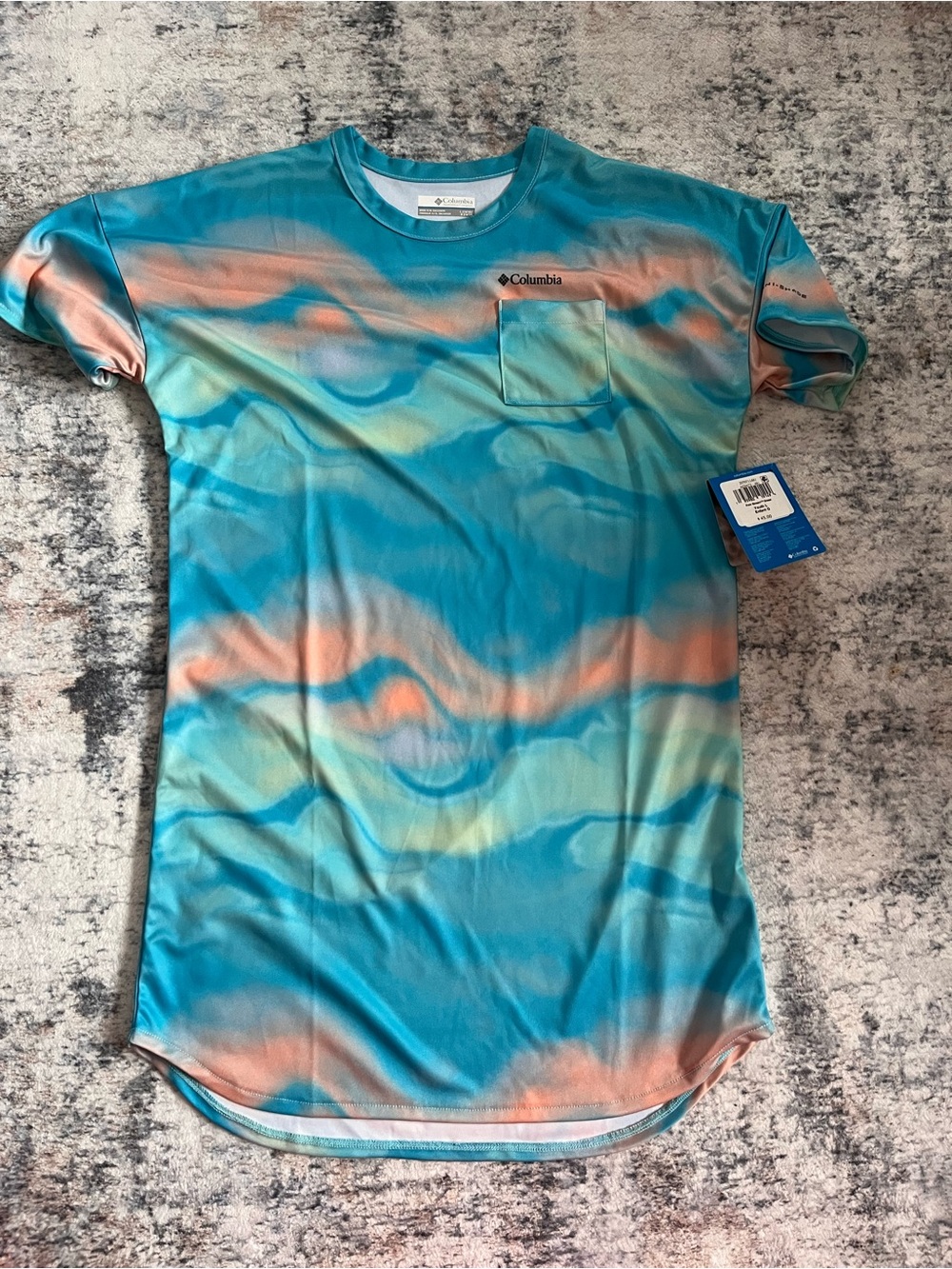 Columbia Wave-Print Pocket Tee Dress- Turquoise/Coral/Light Green